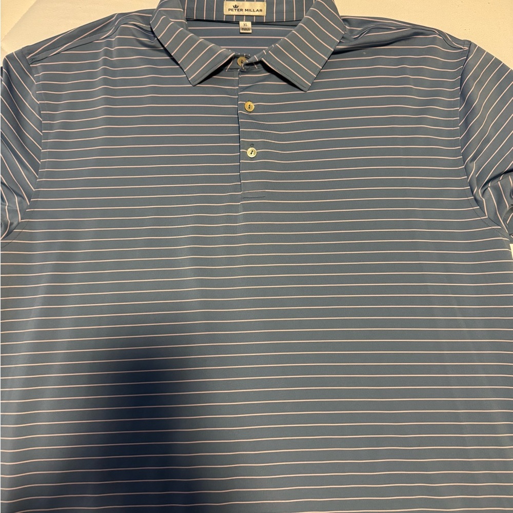 Peter Millar Light Blue and White Striped Polo